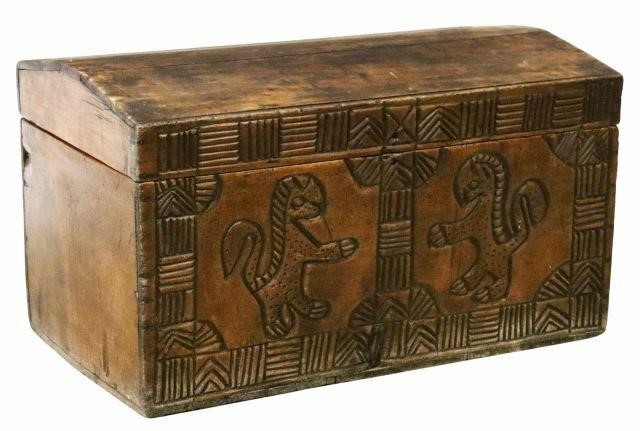 Appraisal: Spanish Colonial carved wood storage trunk likely from Nahuala Guatemala