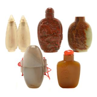 Appraisal: Five Hardstone Snuff Bottles cm Five Hardstone Snuff Bottles This