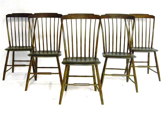 Appraisal: Set of five nine spindle back Windsor side chairs plank