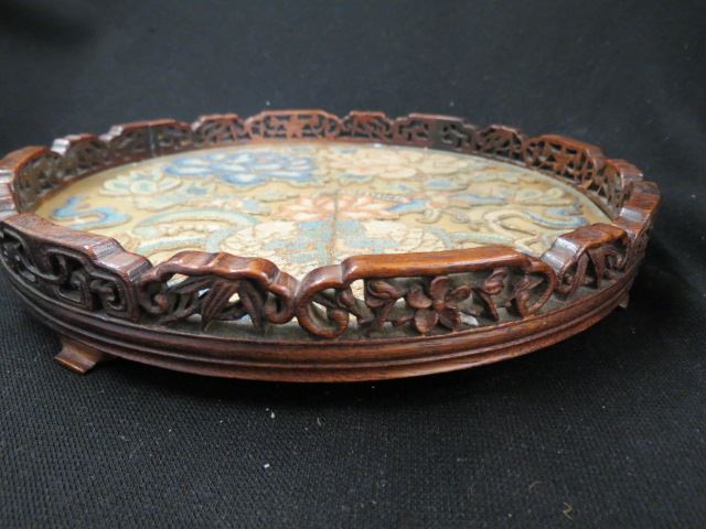 Appraisal: Chinese Carved Wood Embroidered SilkTray diameter circa