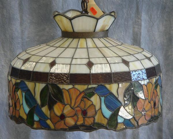 Appraisal: Round leaded glass hanging dome bluebird floral design cracks d