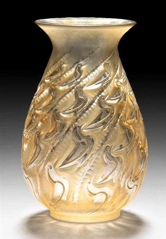 Appraisal: LALIQUE REN CANARDS VASE circa mould-blown smoked glass Signed R