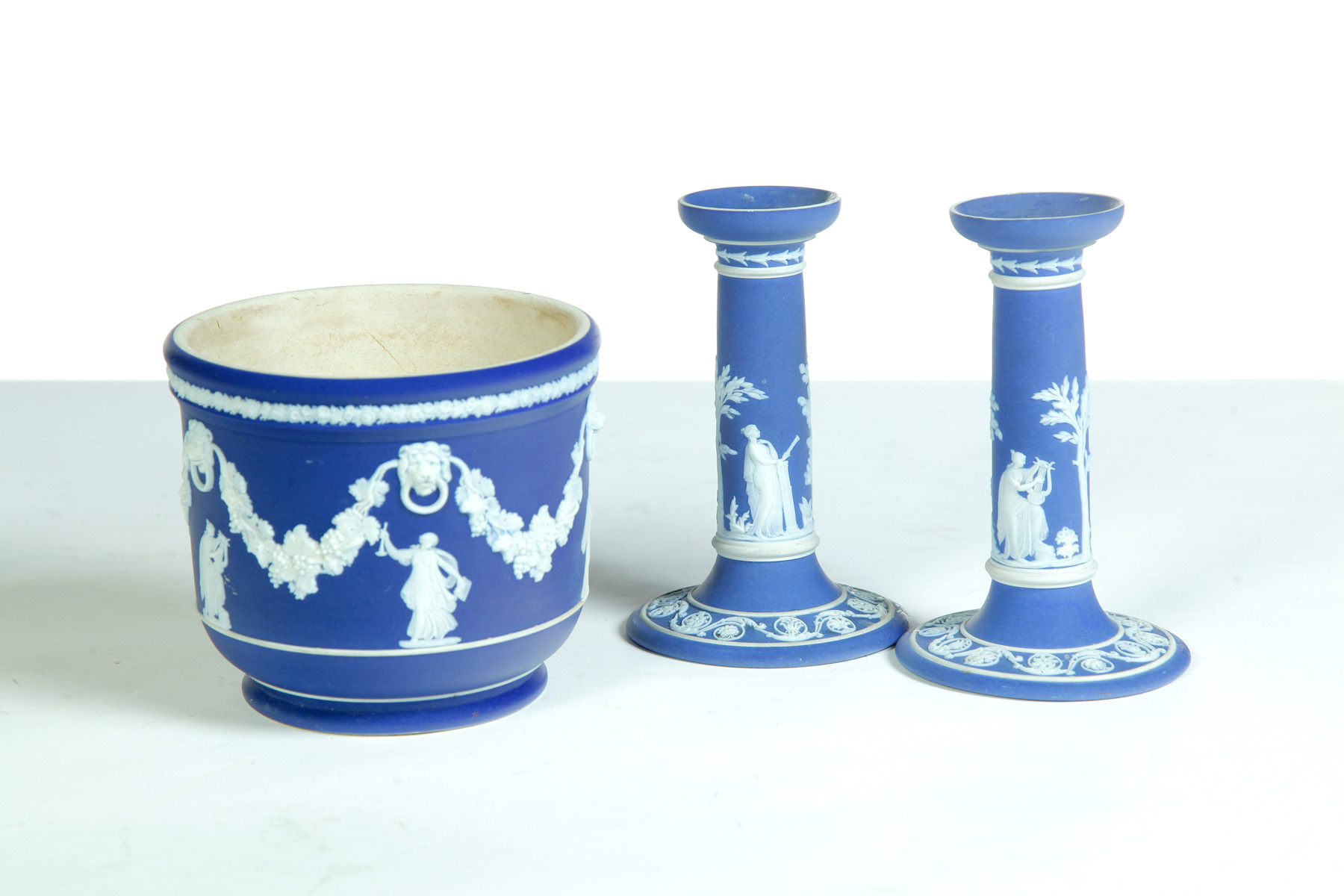 Appraisal: THREE PIECES OF WEDGWOOD DARK BLUE DIP JASPERWARE England st