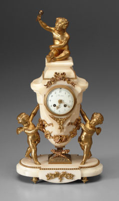 Appraisal: French marble clock with cupid mounts central urn with putto