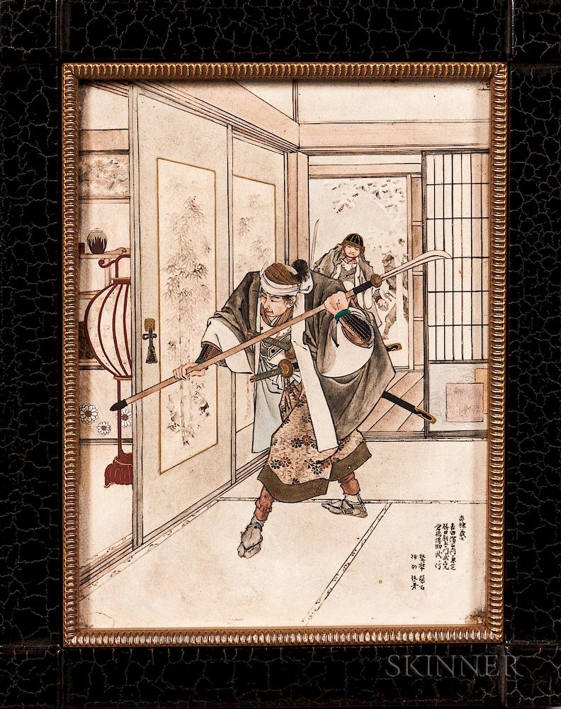 Appraisal: Satsuma Porcelain Plaque Satsuma Porcelain Plaque Japan depicting warriors entering