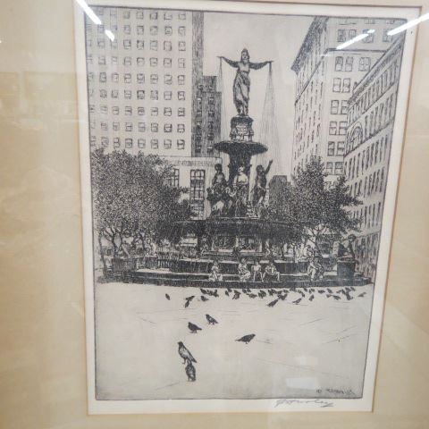 Appraisal: E T Hurley etching The Fountain and thePigeons Fountain Square