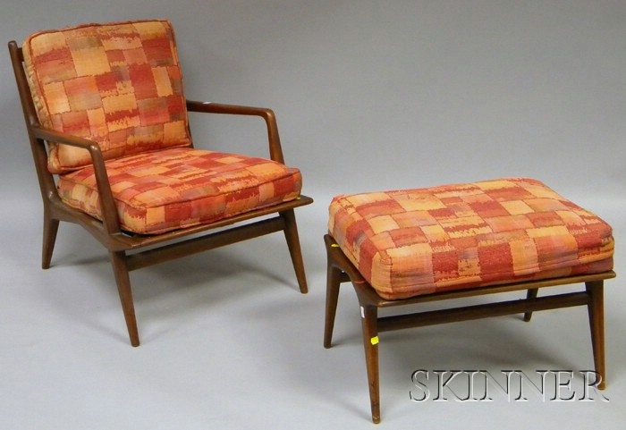 Appraisal: M Singer Modern Teakwood Armchair and Ottoman with Upholstered Cushions