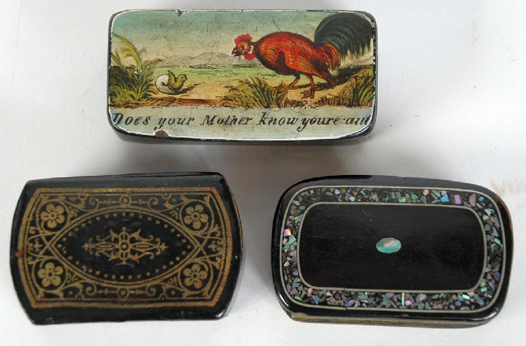 Appraisal: THREE TH CENTURY BLACK LACQUERED PAPIER MACHE OBLONG SNUFF BOXES