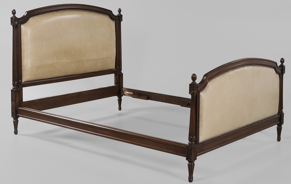 Appraisal: Louis XVI Style Carved and Upholstered Bedstead modern artichoke finials