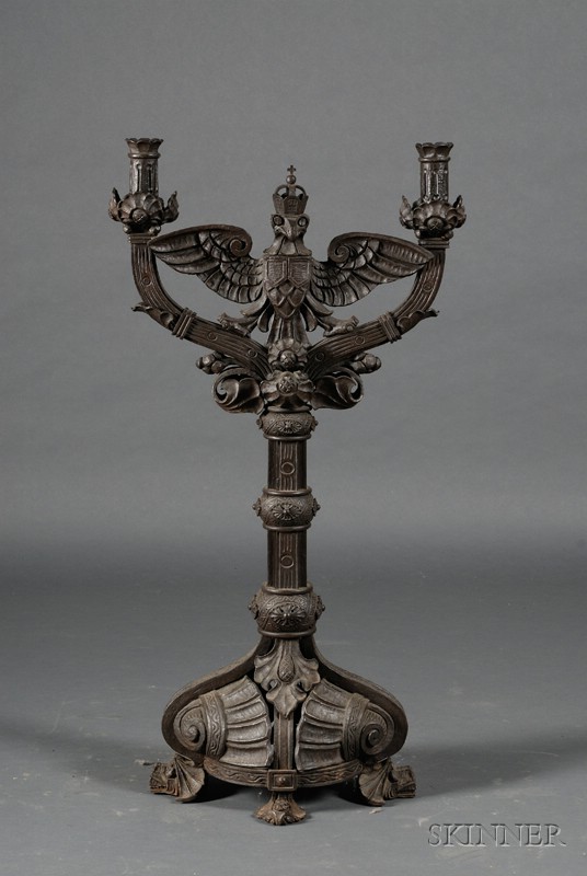 Appraisal: Large German Medieval-style Cast-iron Eagle-form Candelabra early th century crowned