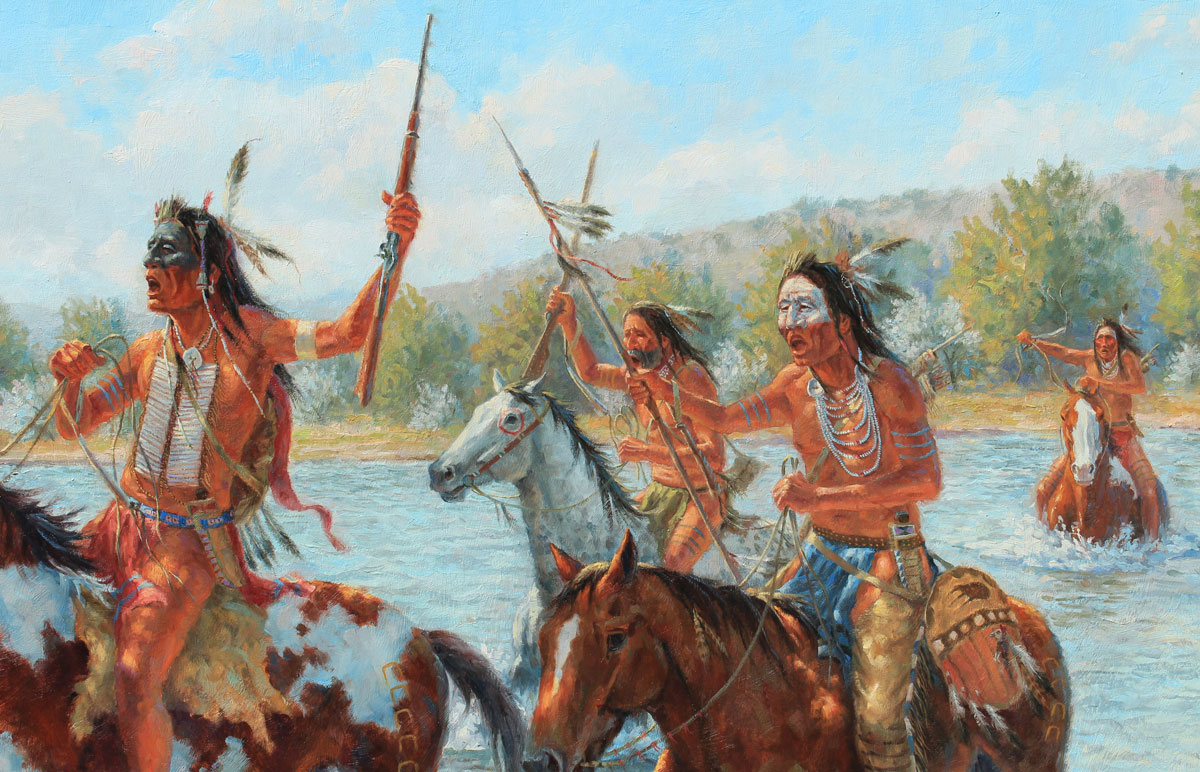 Appraisal: WINTER Robert American - Indian Braves Crossing a Stream Oil