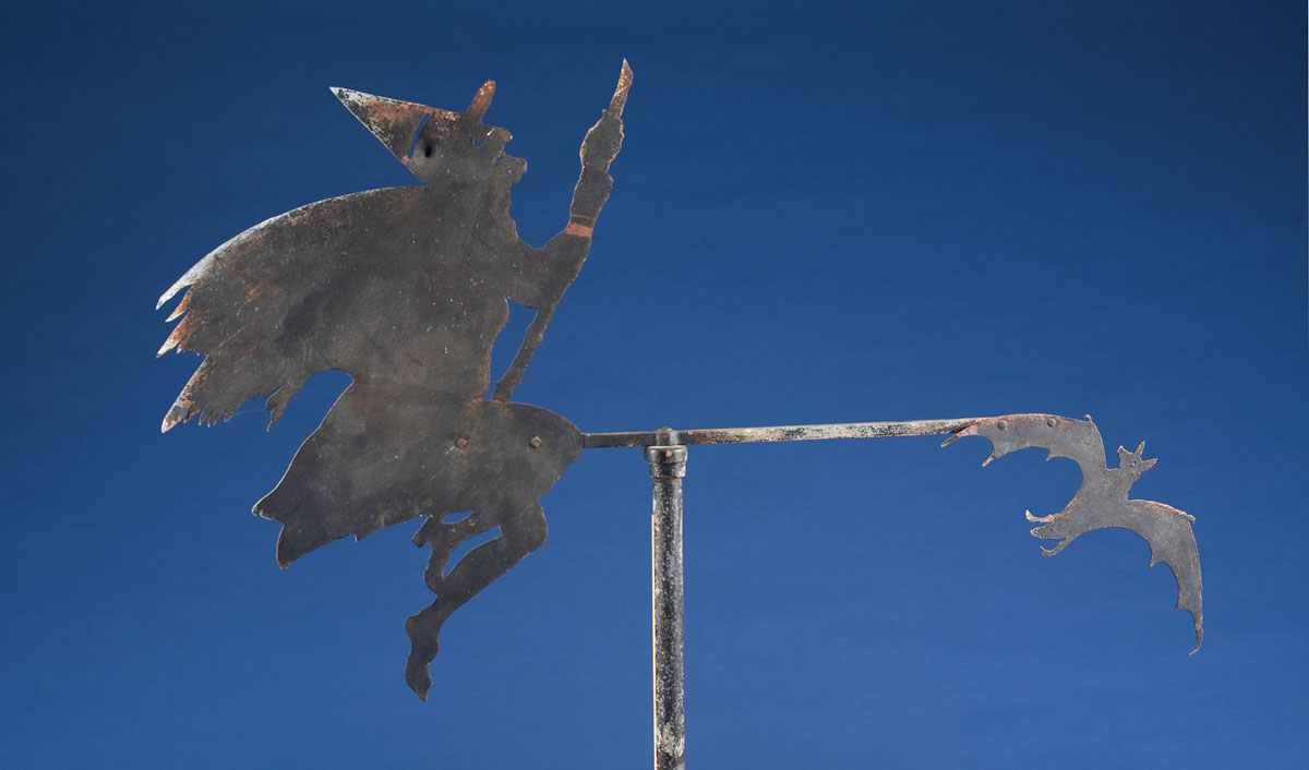 Appraisal: SALEM HALLOWEEN WITCH WITH FLYING BAT SHEET IRON WEATHERVANE Height