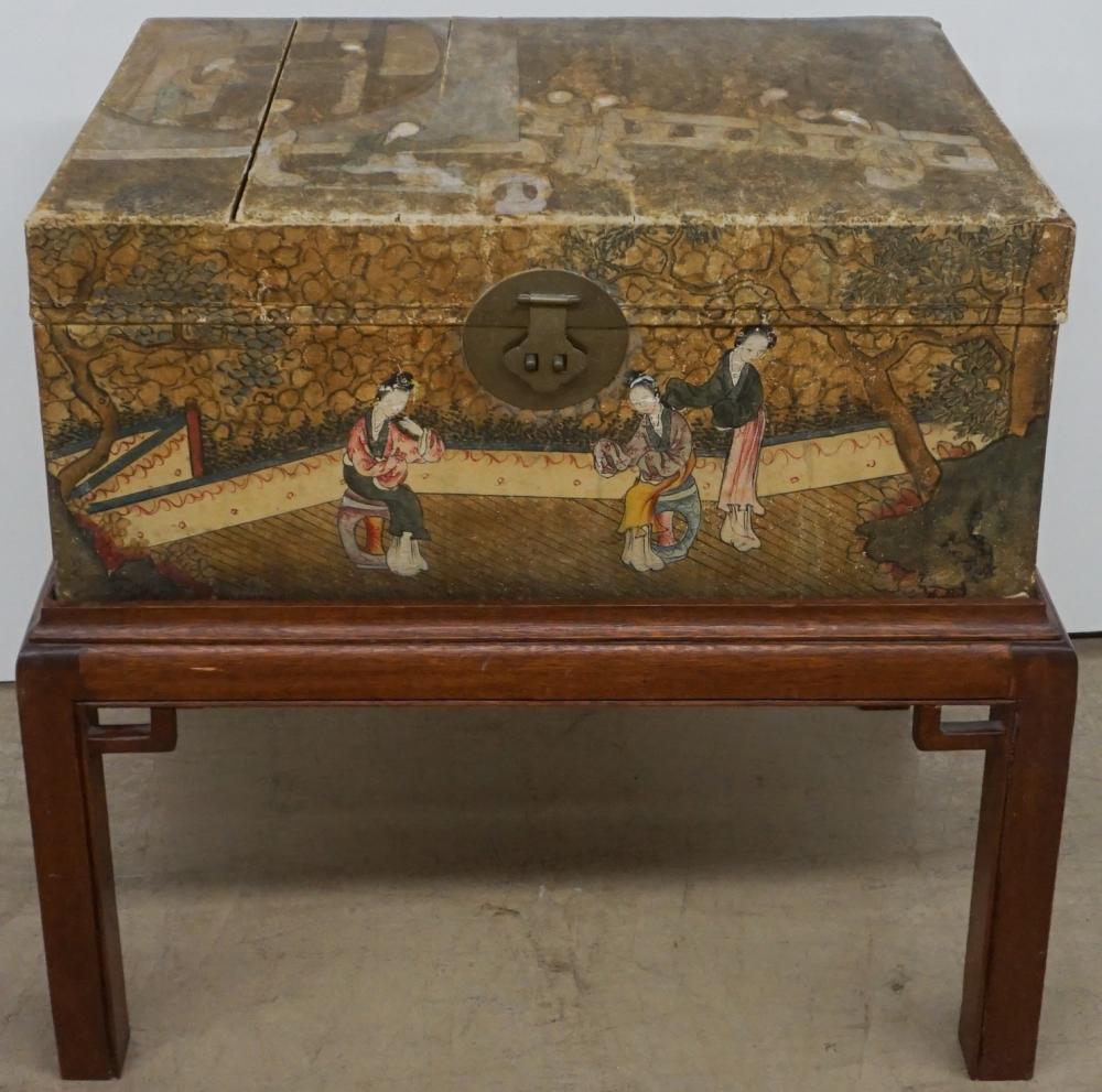 Appraisal: CHINESE PAINTED LEATHER ROBE TRUNK ON STAND X X IN