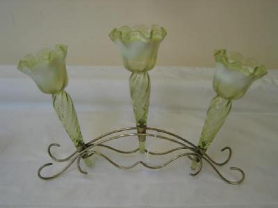 Appraisal: AN EDWARDIAN CENTRE PIECE comprising three vaseline glass vases with