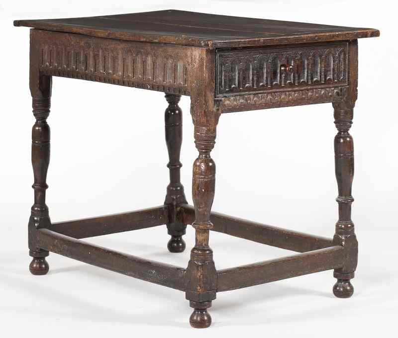 Appraisal: English Jacobean Style Oak Table th century elements three-board pegged