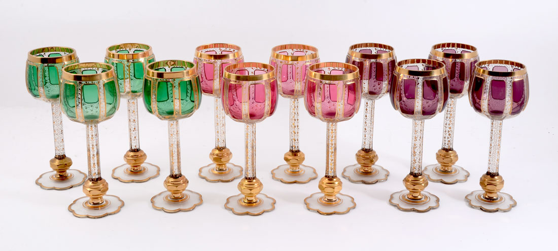 Appraisal: MOSER GILT DECORATED WINE STEMS of each color cabochons amethyst