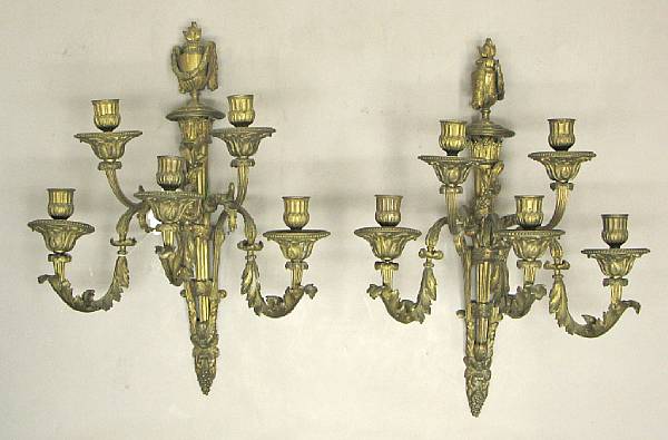 Appraisal: A pair of Louis XVI style gilt bronze five light