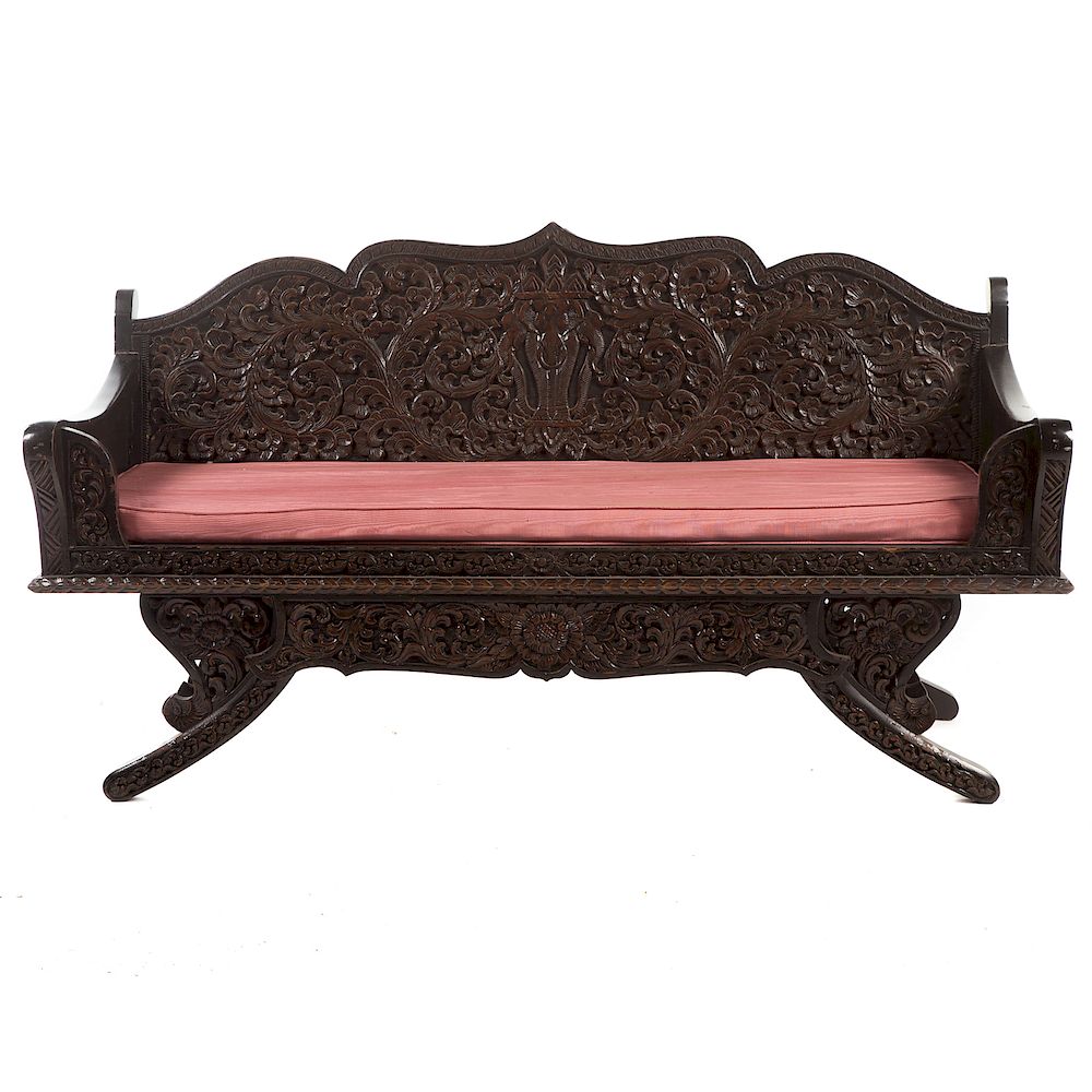 Appraisal: Chinese Export Carved Hardwood Bench th century shaped crest rail