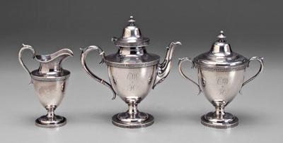 Appraisal: Virginia coin silver tea service urn form S-scroll handles Greek