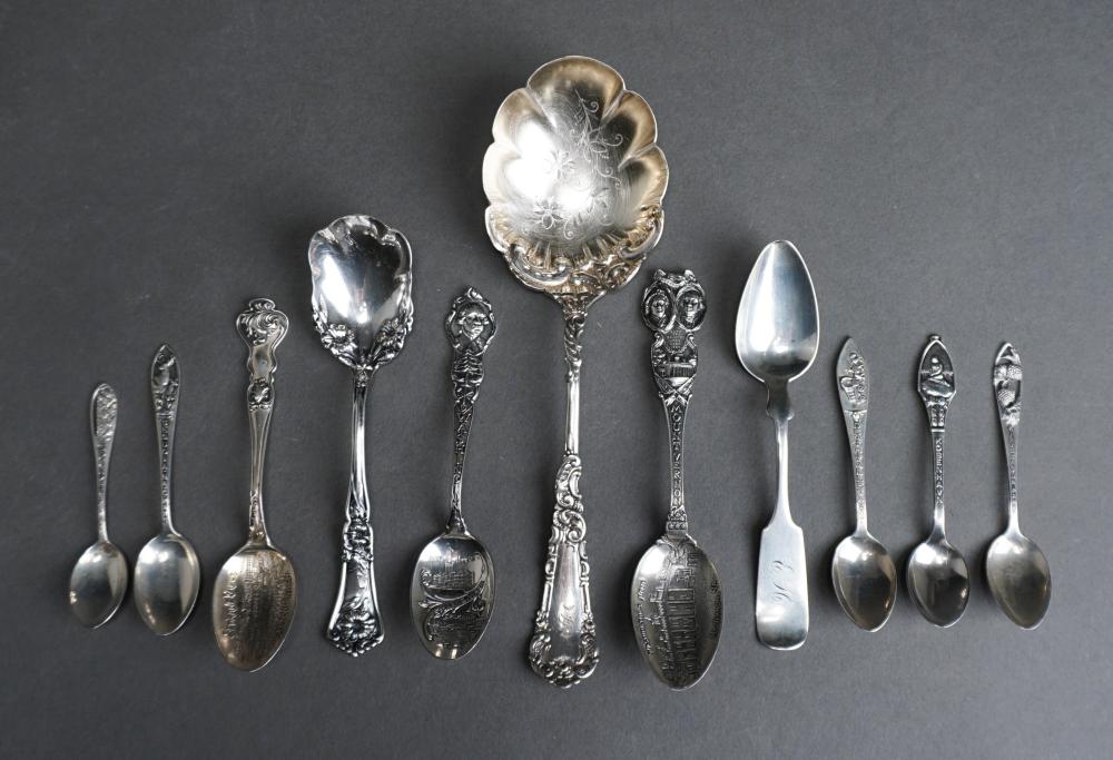 Appraisal: SEVEN STERLING SILVER SOUVENIR SPOONS A COIN SILVER SPOON AND