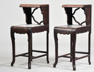 Appraisal: PAIR OF TEAK AND MARBLE SIDE TABLES Chinese Each with