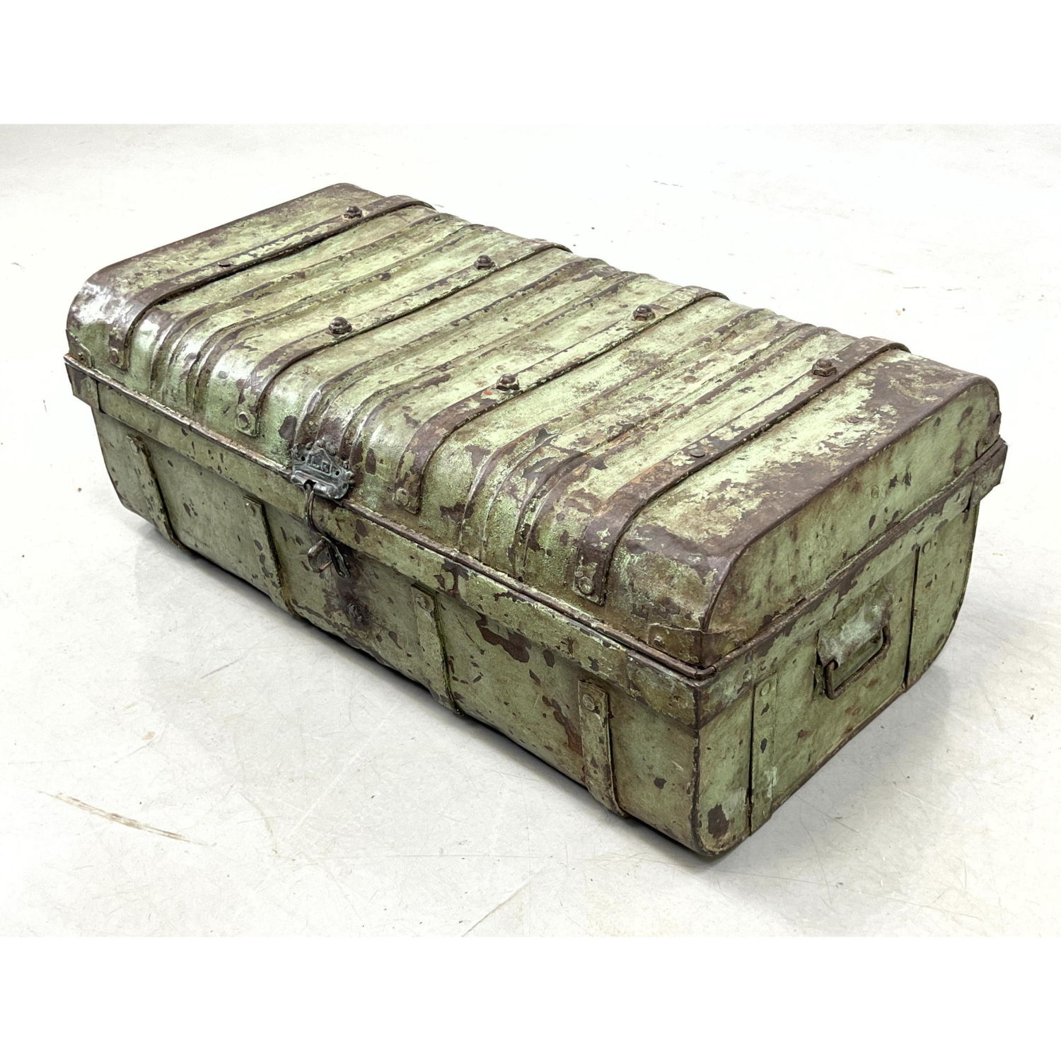 Appraisal: Distressed Painted Metal Trunk Table industrial Low Coffee Table Dimensions