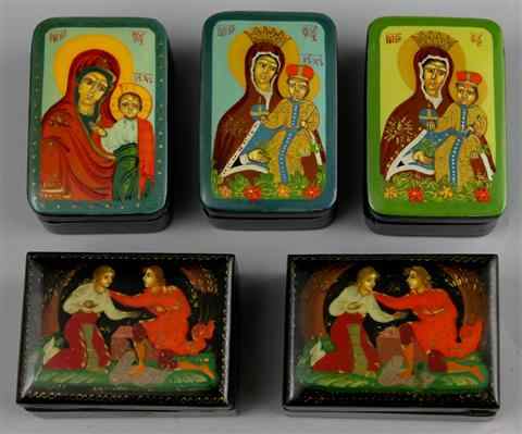 Appraisal: FIVE RUSSIAN LACQUER BOXES three with icons on the covers