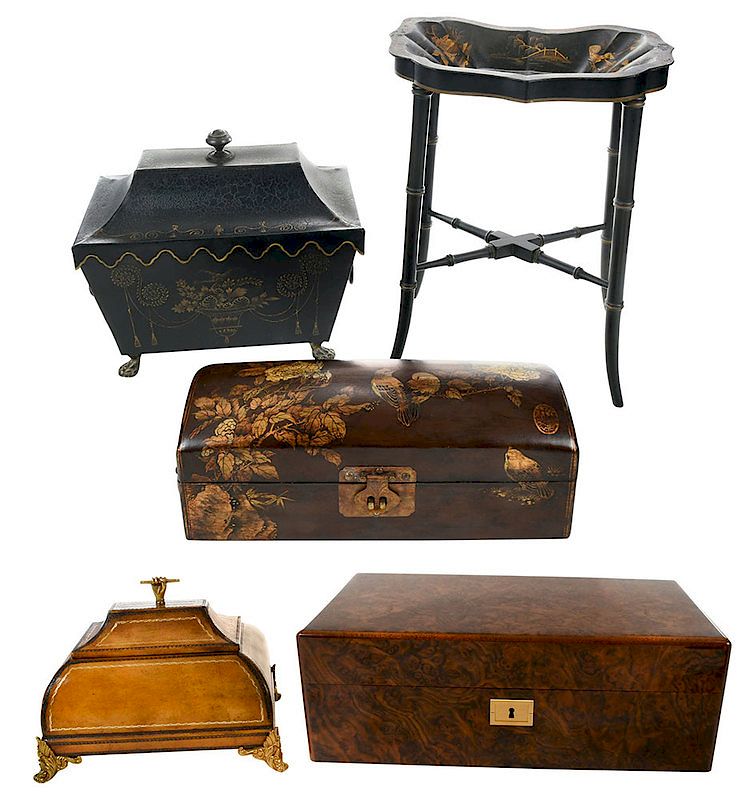 Appraisal: Four Decorated Boxes and One Tray th century comprising one