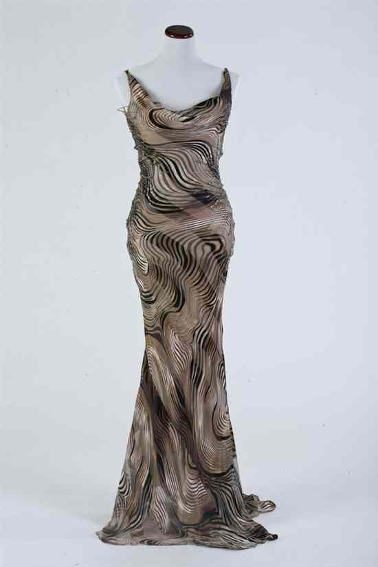 Appraisal: NAEEM KHAN BROWN STRIPED AND BEADED SILK GOWN Cowl neck