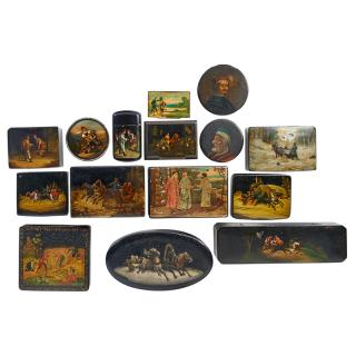 Appraisal: RUSSIAN LACQUER BOXES Fifteen Snuff boxes caskets and trinket boxes