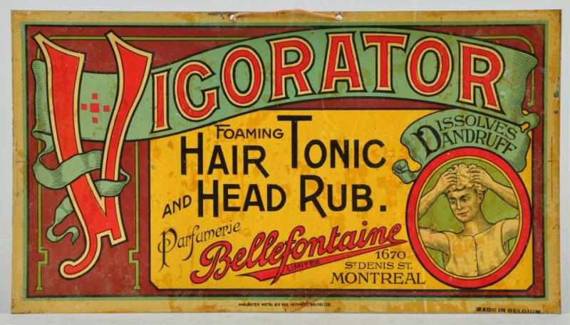 Appraisal: Tin Vigorator Hair Tonic Hanging Barber Shop Sign Description Made