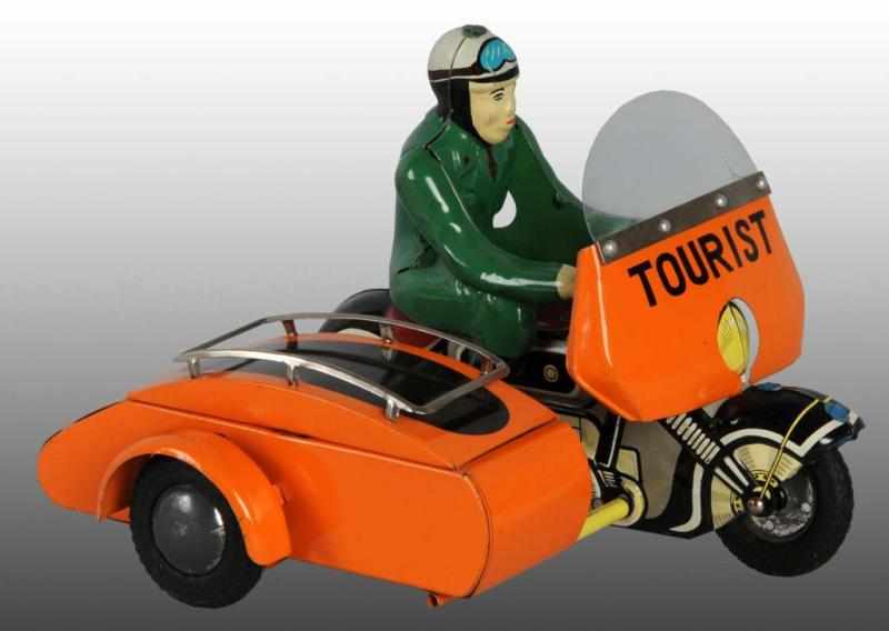 Appraisal: Tin Tourist Motorcycle with Sidecar Friction Toy Description Japanese Circa