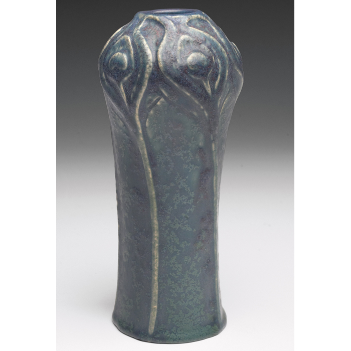 Appraisal: Van Briggle vase carved peacock feather design under a blue