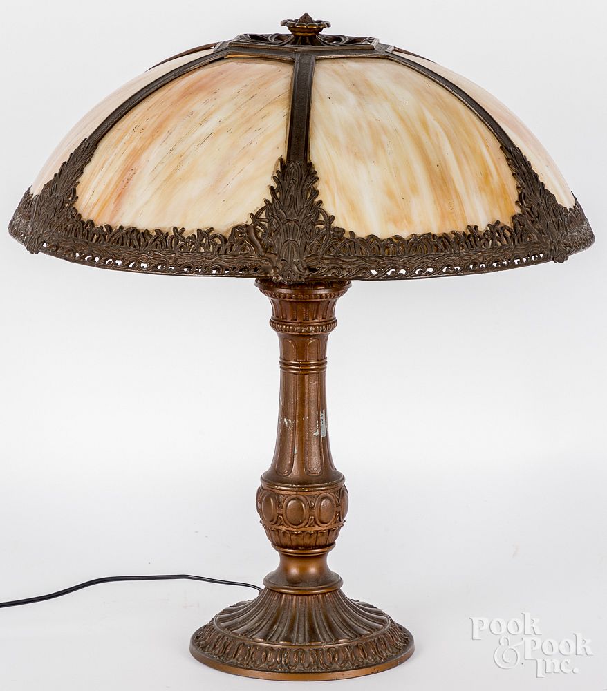 Appraisal: Spelter and slag glass table lamp early th c Spelter