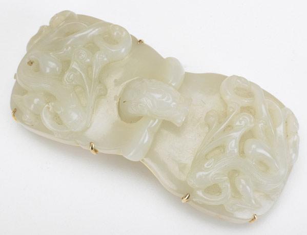 Appraisal: JADE BUCKLE In light celadon jade mounted as a brooch