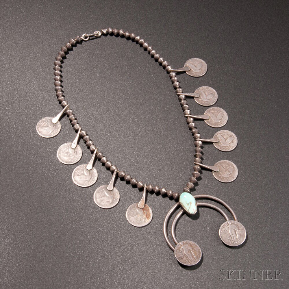 Appraisal: Navajo Silver and Turquoise Necklace with twelve quarters dating to