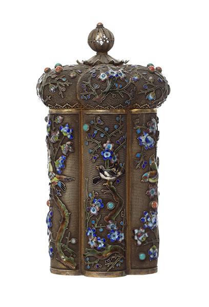 Appraisal: CHINESE CANISTER IN SILVER GILT MESH WITH APPLIED ENAMEL AND