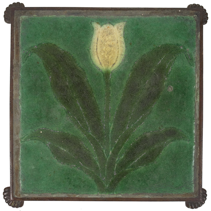 Appraisal: Good Grueby trivet tulip tile in a bronze base tile