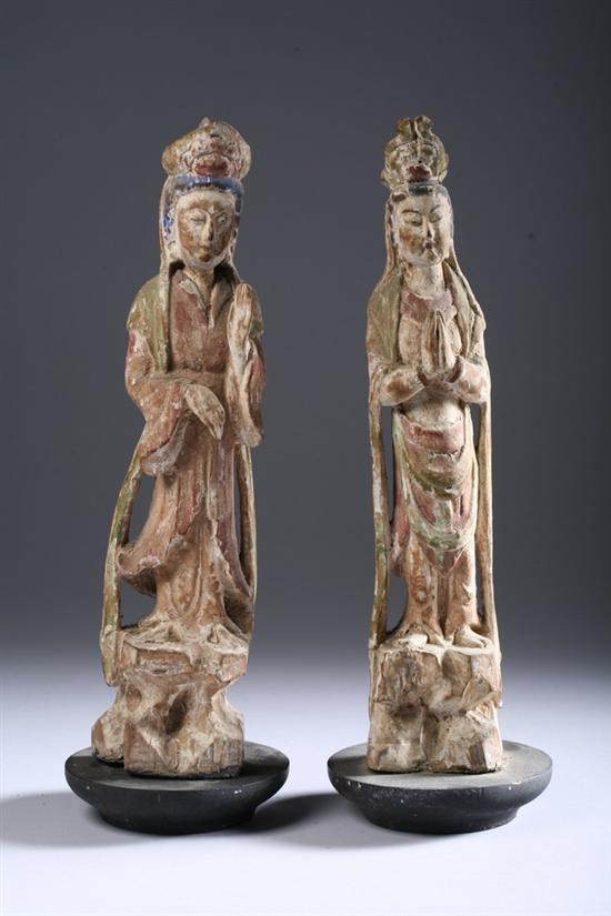 Appraisal: PAIR CHINESE POLYCHROME WOOD FIGURES OF GUANYIN - in high