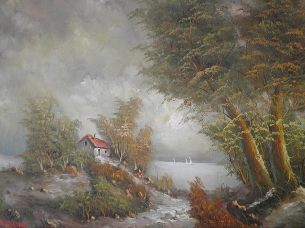 Appraisal: D Groneman Continental river landscape cottage and trees - oil