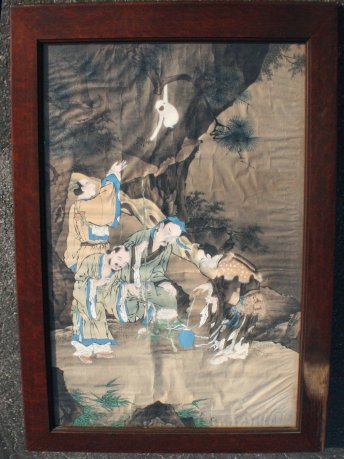 Appraisal: LARGE ORIENTAL GENRE PAINTING Figures with white monkey Watercolor Gouache