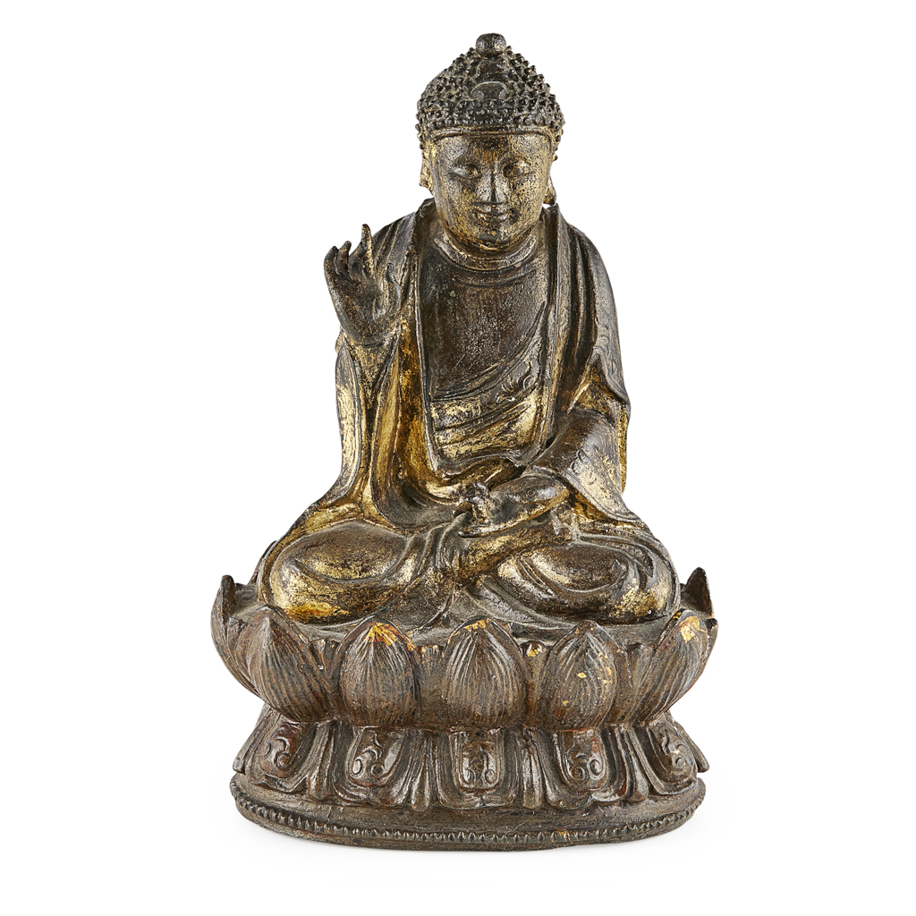 Appraisal: GILT-BRONZE FIGURE OF BUDDHA SHAKYAMUNI MING DYNASTY the Buddha cast