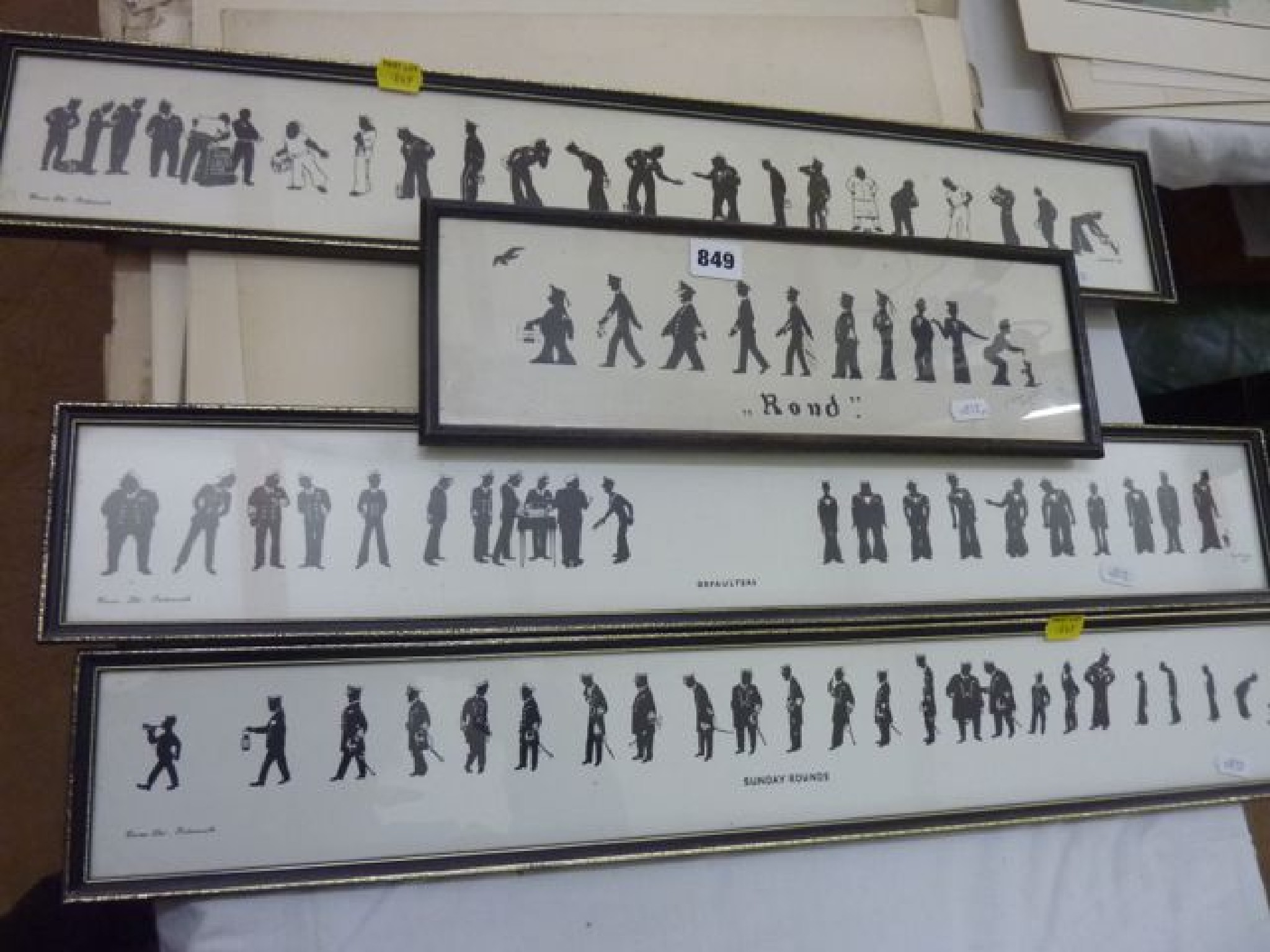 Appraisal: A set of three framed humorous silhouette prints of naval