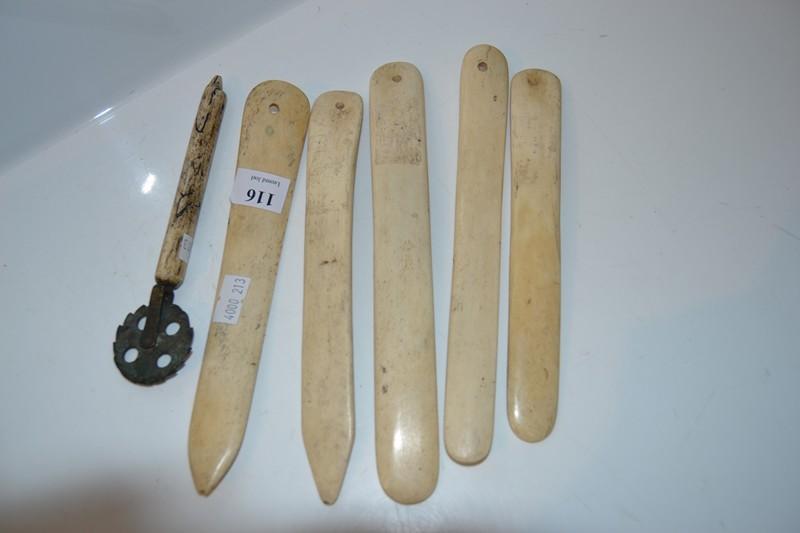 Appraisal: BONE HANDLED CIRCULAR CUTTER AND FIVE WHALE BONES