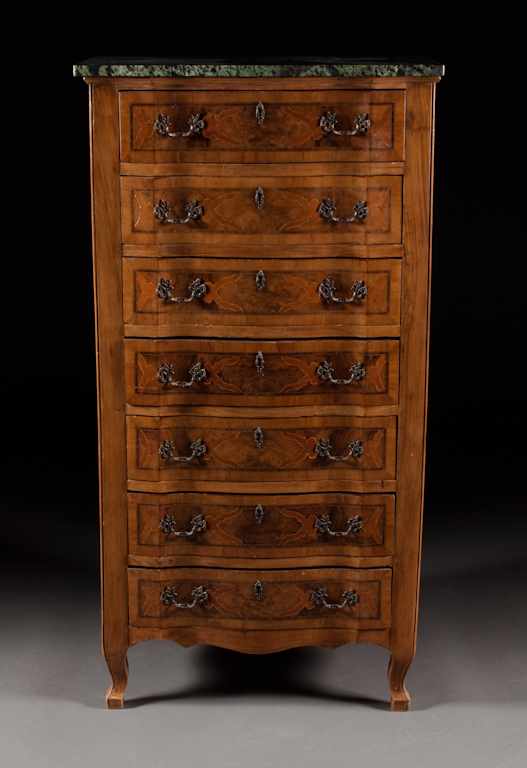 Appraisal: Italian marquetry inlaid fruitwood marble top semanier Binazzi Florence second