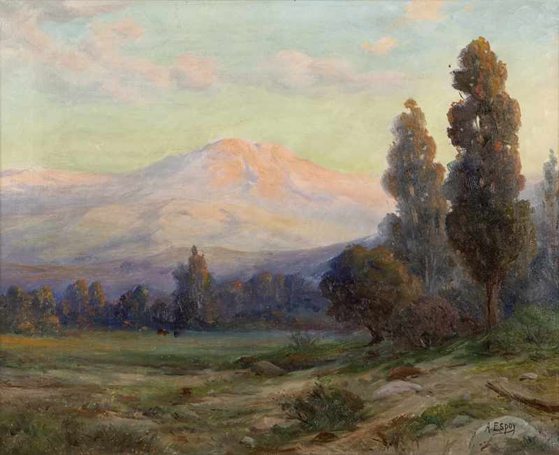 Appraisal: California mountain landscape at sunset oil on canvas '' H