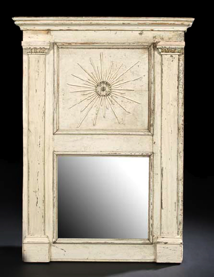 Appraisal: French Carved and Blanc-de-Trianon-Painted Beechwood Trumeau Mirror first quarter th