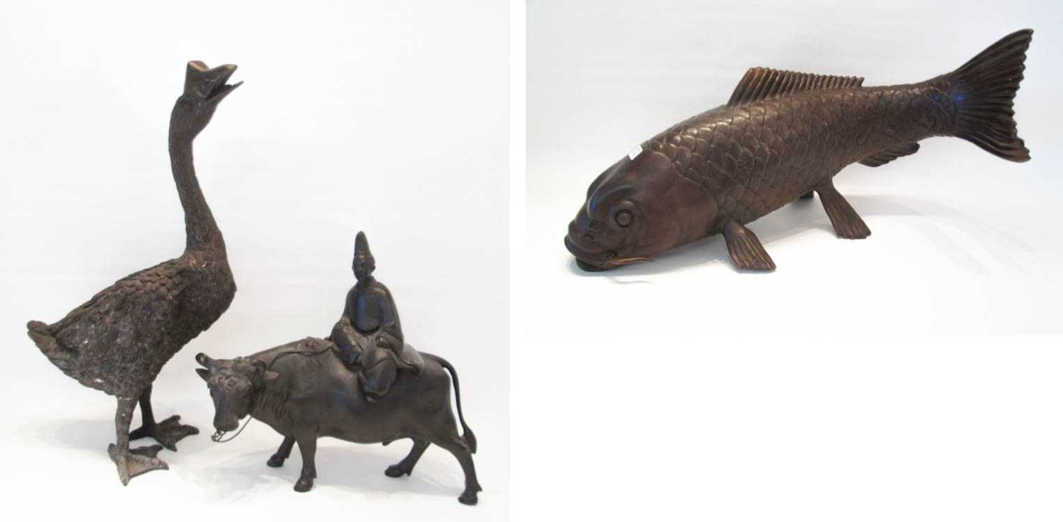 Appraisal: THREE BRONZE SCULPTURES a swimming koi fish incised L M