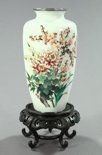 Appraisal: Striking Japanese Meiji Silver-Mounted Champleve Enamel Vase first quarter th