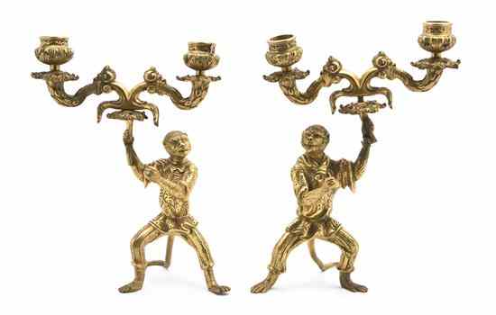 Appraisal: A Pair of Gilt Bronze Two-Light Figural Candelabra each cast